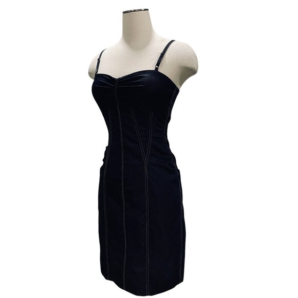 Cache Ruched Denim Corset Dress Size 4 Y2K Stitch Bodycon Club Midi Darkwash - Picture 8 of 11